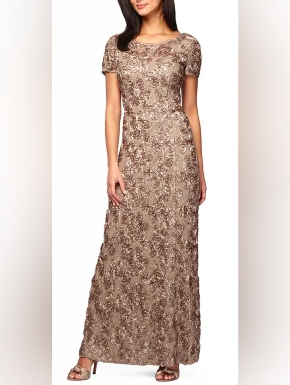 Alex Evenings Taupe Brown Rosette Ribbon Embroidered Maxi Gown Dress Size 16